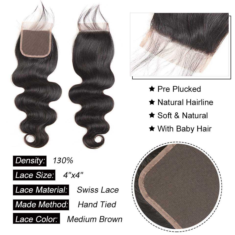 B Top Virgin Body Wave 3 Bundles with 4x4 Transparent Lace Closure