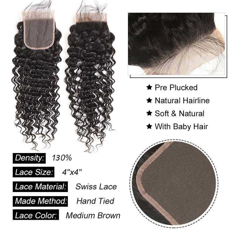 B Top Virgin Deep Wave 4 Bundles with 4x4 Transparent Lace Closure