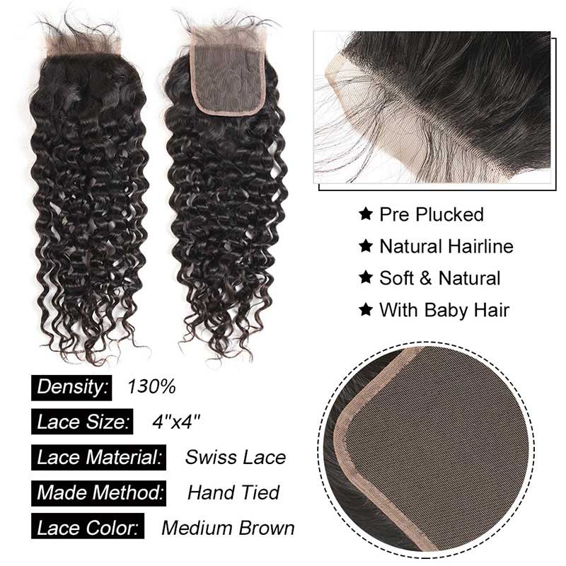 B Top Virgin Italian Curly 3 Bundles with 4x4 Transparent Lace Closure