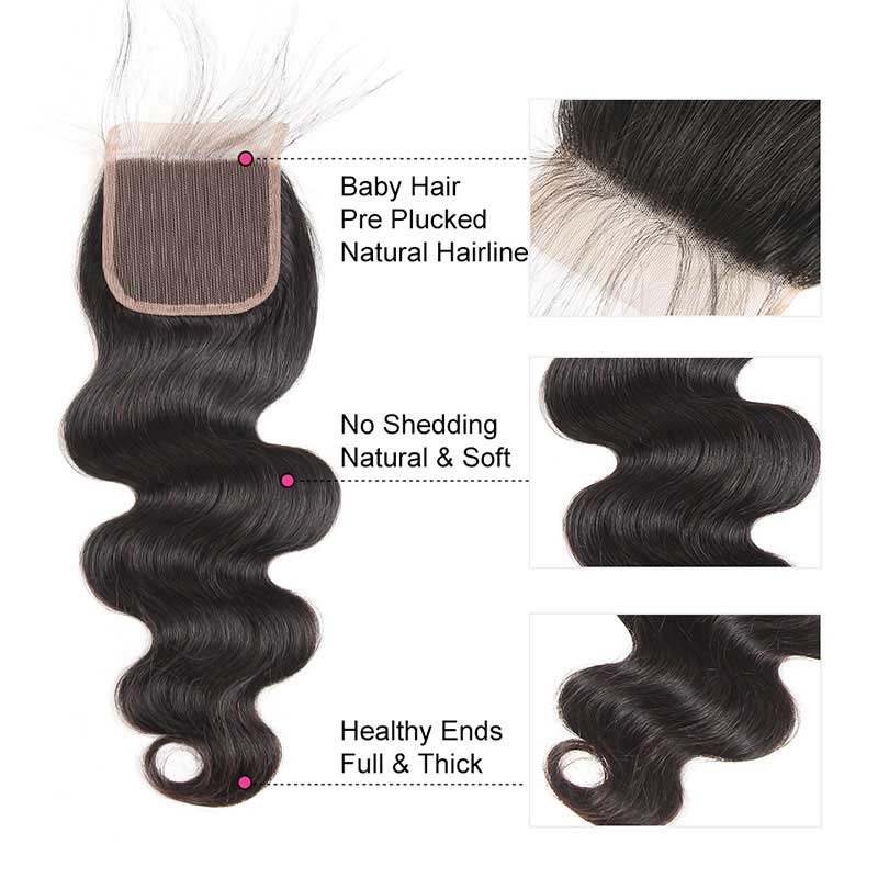 B Top Virgin Body Wave 3 Bundles with 5x5 Transparent Lace Closure
