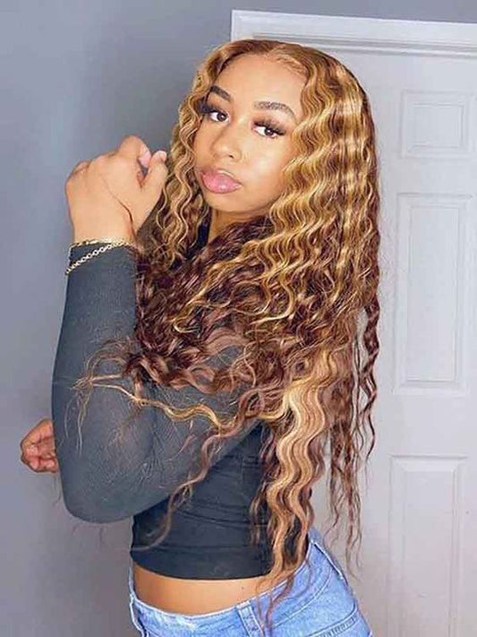 B Top Virgin Wig 13x4 Deep Wave Lace Front Blonde Highlight Wig 180 Density (18"-28" Available)