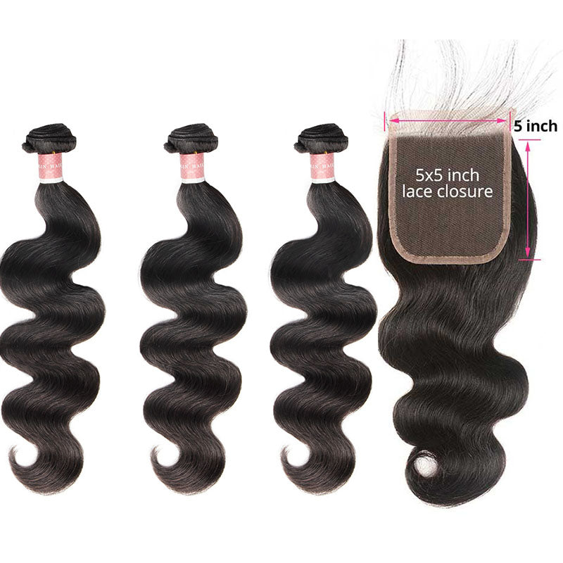 B Top Virgin Body Wave 3 Bundles with 5x5 Transparent Lace Closure