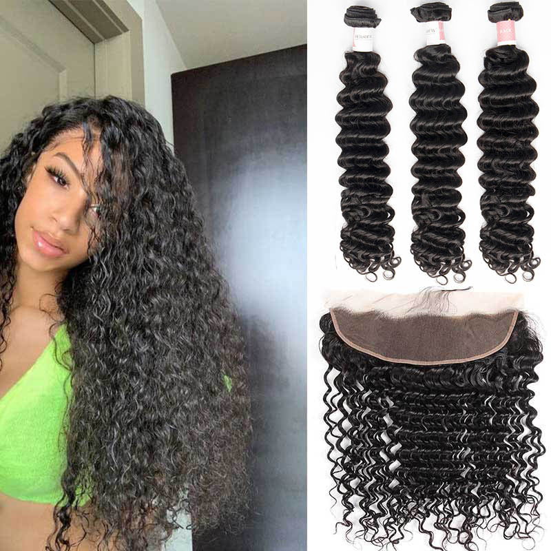 B Top Virgin Deep Wave 3 Bundles with 13x4 Transparent Lace Frontal