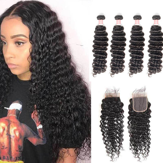 B Top Virgin Deep Wave 4 Bundles with 4x4 Transparent Lace Closure