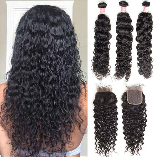 B Top Virgin Italian Curly 3 Bundles with 4x4 Transparent Lace Closure