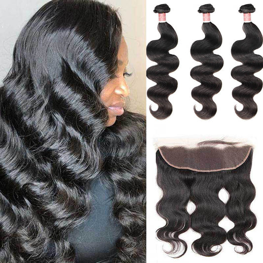 B Top Virgin Body Wave 3 Bundles with 13x4 Transparent Lace Frontal