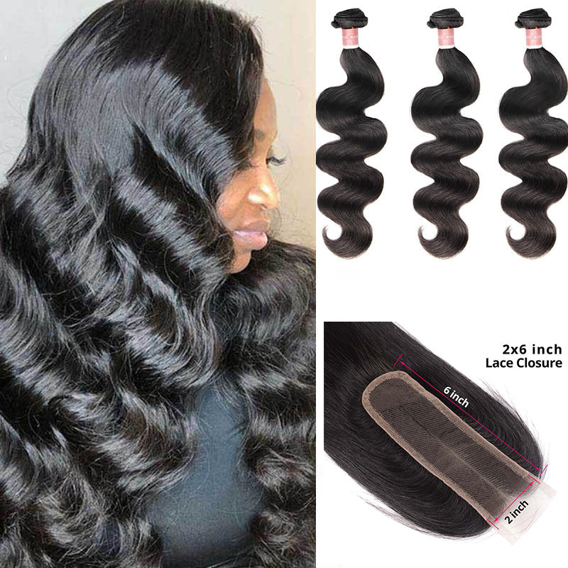 Top Virgin Body Wave 3 Bundles with 2x6 Transparent Lace Closure