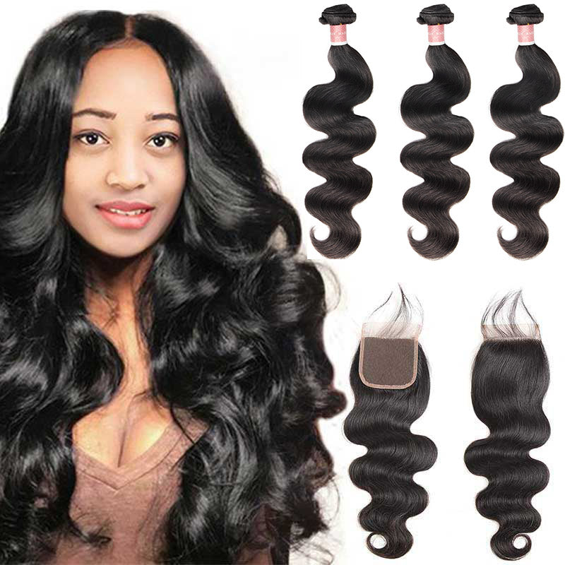 B Top Virgin Body Wave 3 Bundles with 4x4 HD Lace Closure