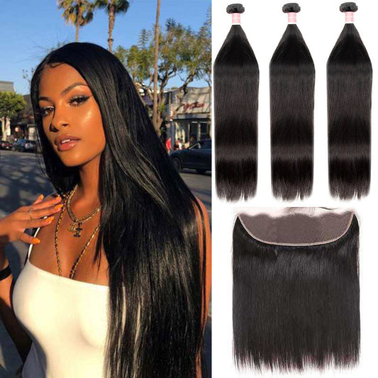 B Top Virgin Straight Hair 3 Bundles with 13x4 Transparent Lace Frontal