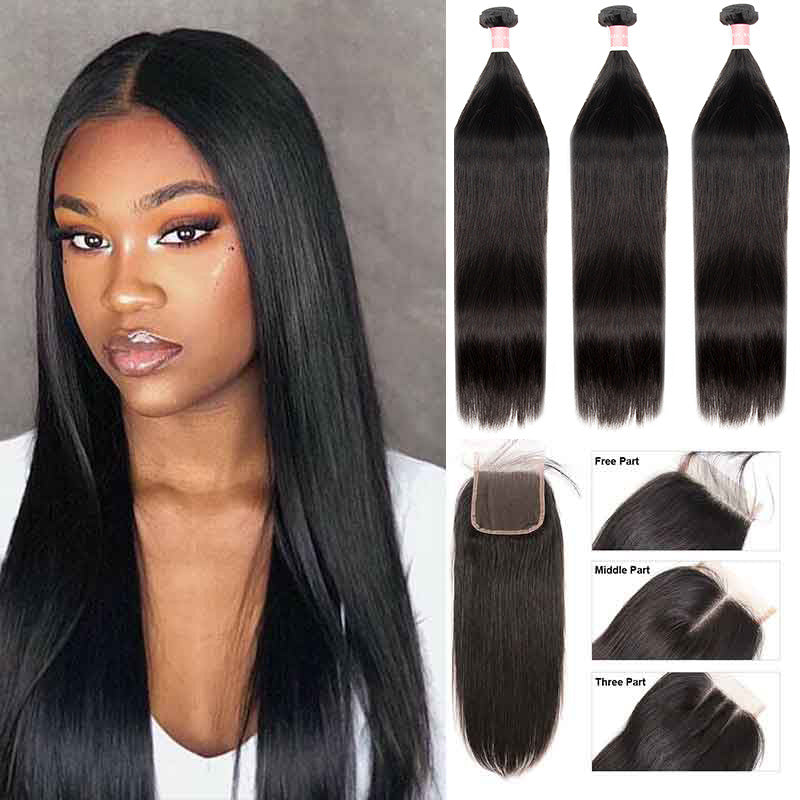 B Top Virgin Straight Hair 3 Bundles with 4x4 HD Lace Closure