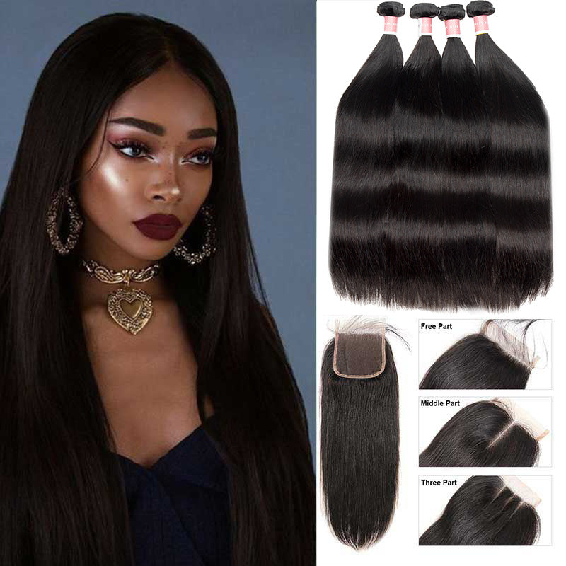 B Top Virgin Straight Hair 4 Bundles with 4x4 HD Lace Closure