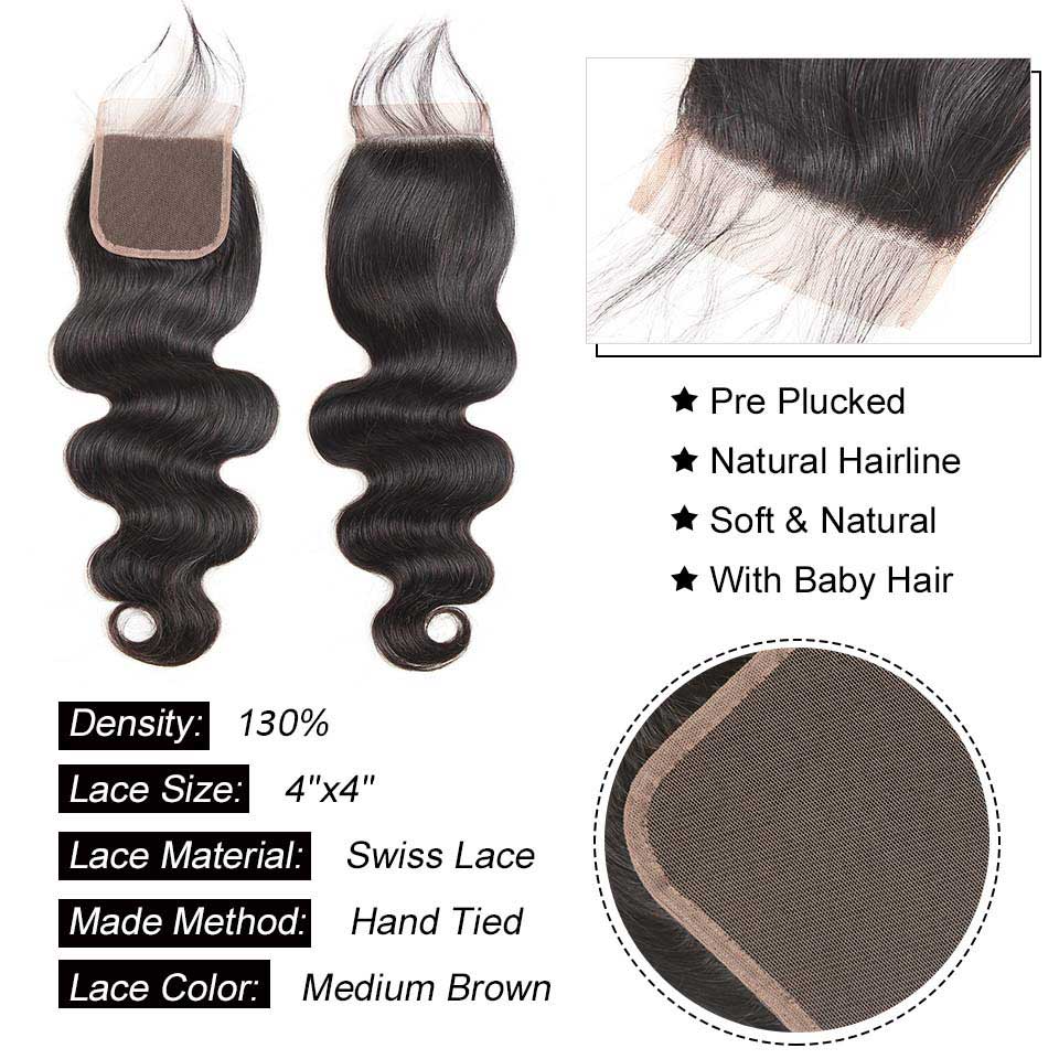 B Top Virgin Body Wave 4 Bundles with 4x4 HD Lace Closure