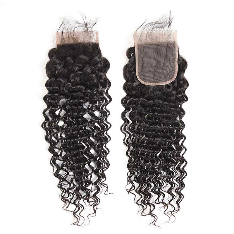 B Top Virgin Deep Wave 4 Bundles with 4x4 Transparent Lace Closure