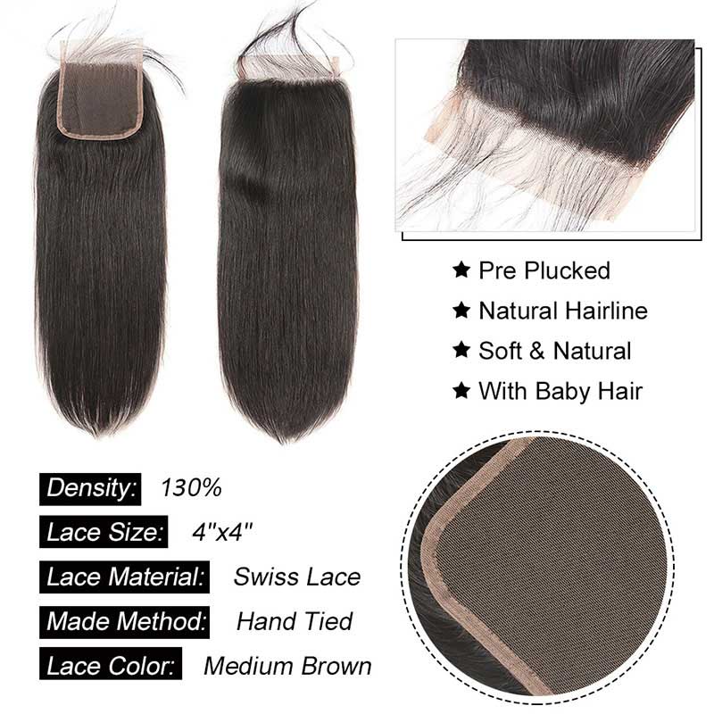 B Top Virgin Straight Hair 3 Bundles with 4x4 Transparent Lace Closure