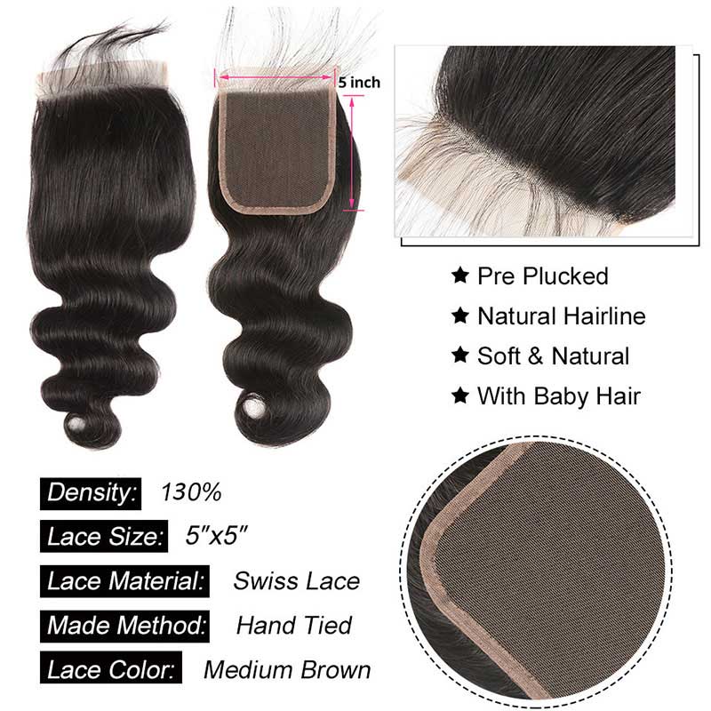 B Top Virgin Body Wave 3 Bundles with 5x5 Transparent Lace Closure
