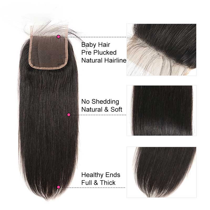 B Top Virgin Straight Hair 3 Bundles with 5x5 Transparent Lace Closure