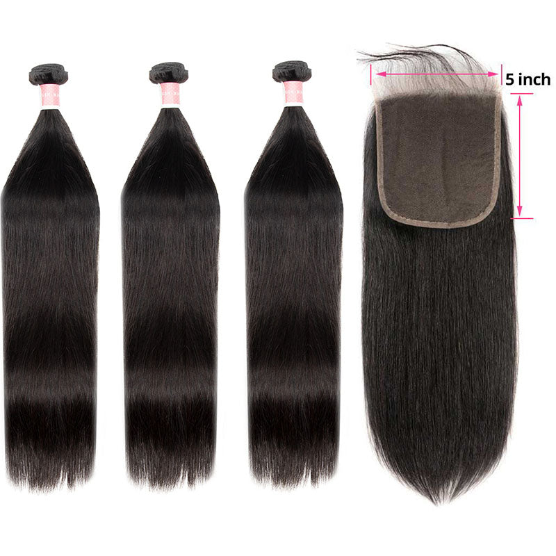 B Top Virgin Straight Hair 3 Bundles with 5x5 Transparent Lace Closure